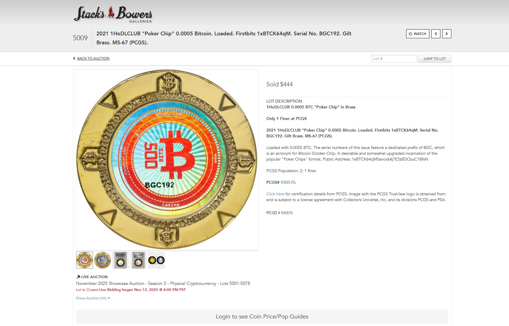 Stack's Bowers listing for Lot 5009, a 1HoDLCLUB gilt brass poker chip graded by PCGS