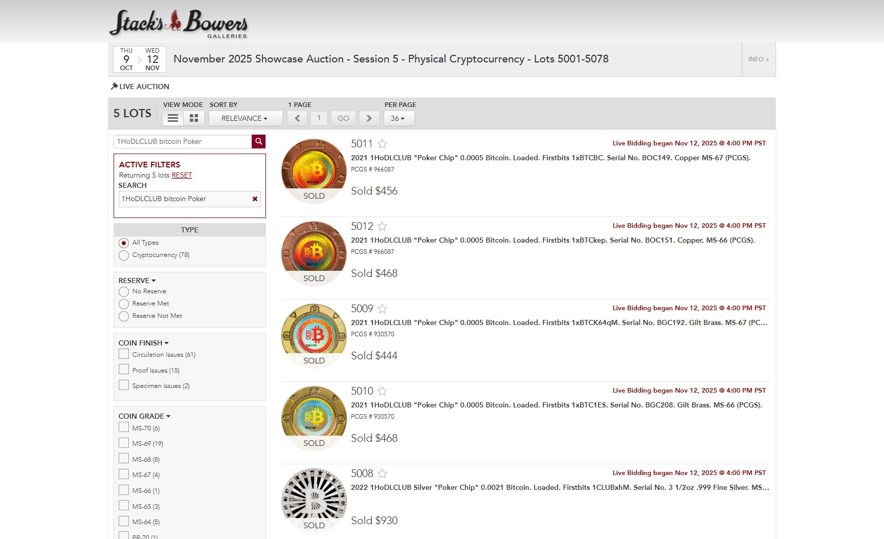 Stack's Bowers search results showing November 2025 1HoDLCLUB poker chip lots