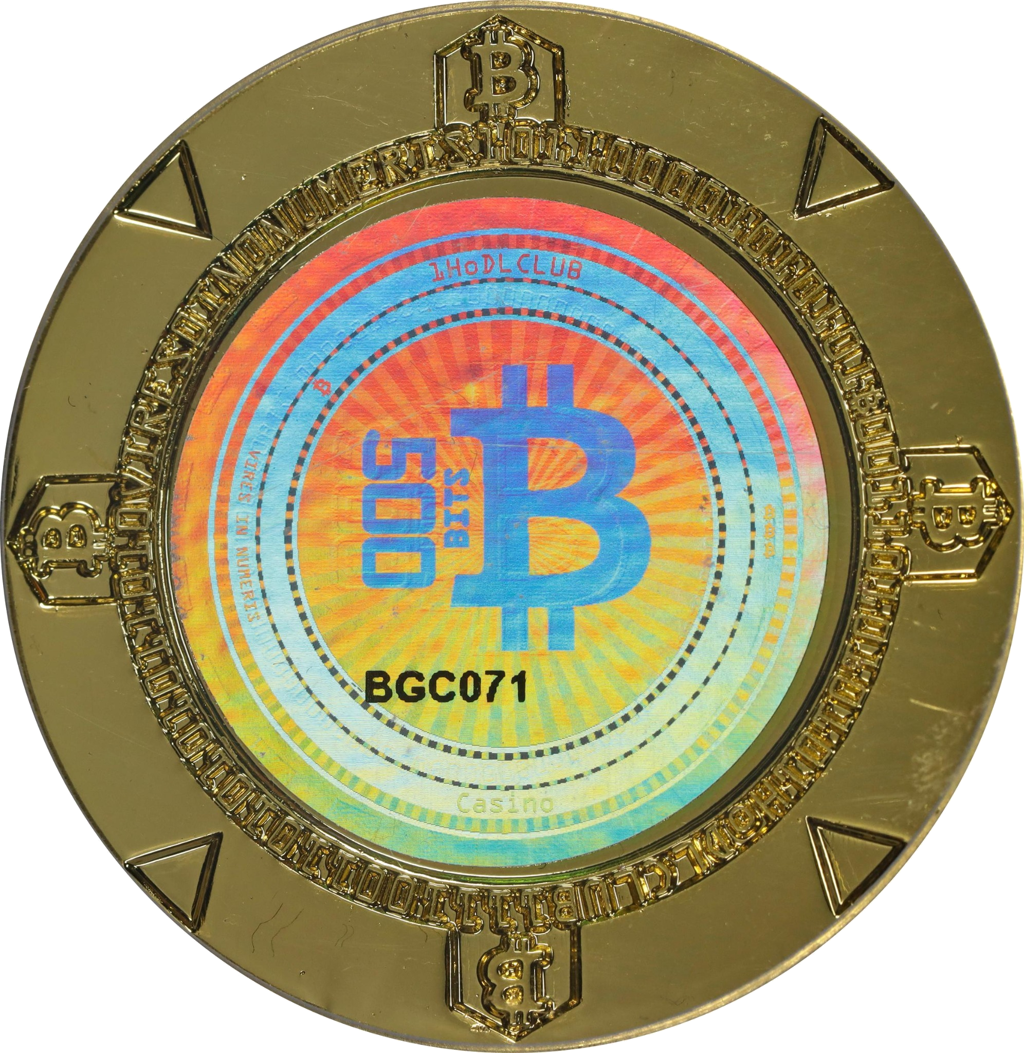 Bitcoin Casino Brass Poker Chips front